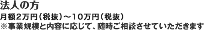 法人の方 月額2万円（税抜）～10万円（税抜）※事業規模と内容に応じて、随時ご相談させていただきます